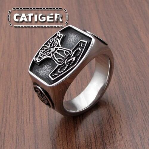 Free Shipping Vintage Viking Thor Hammer Signet Ring 316L Stainless Steel Mjolnir Rings Norse Pagan Amulet Ring Jewelry