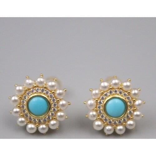 Pure 925 Sterling Silver Earrings 17*15mm Turquoise Pearl Zircon Round Flower Stud Earrings