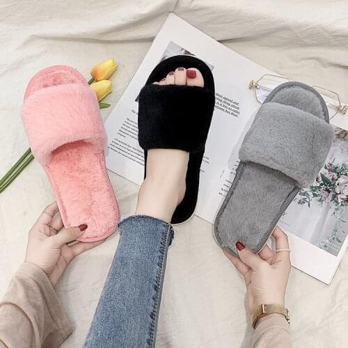 Women Winter House Slippers Faux Fur Fashion Warm Shoes Woman Slip On Flats Female Slides Black Pink Home Furry Slippers