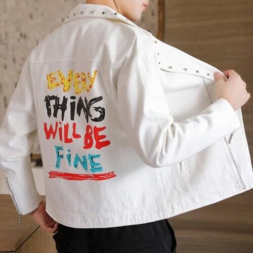 Autumn Casual Jean Jacket Men High Street Slim Rivet Denim Coat Male Personality Printed Night Club Zip Cowboy Outerwear M-3XL