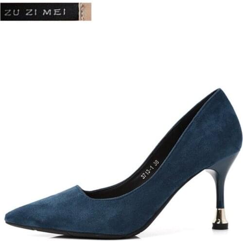 Classics Womens Shallow Office Shoes 7CM New Arrival Concise Solid Flock Pointed Toe Women Pumps Fashion black blue