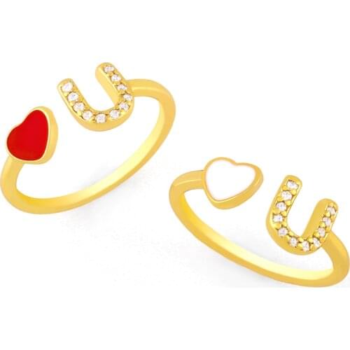 FLOLA Gold Plated Enamel Heart Open Cuff Rings For Women CZ Cubic Zirconia Finger Ring Adjustable Wholesale Jewelry Gifts rigk70