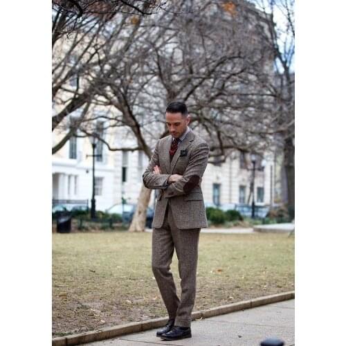 Fashion Mens Donegal Tweed Suit Custom Made Brown Mens Suits Tailored Single Breasted Men Suit Notch Lapel(Jacket+Pant+Vest)