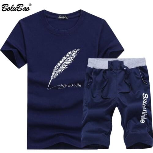 BOLUBAO Brand Mens Set Short Sportswear 2020 Summer Male Feather Printing Breathable 2 Piece Set Short Set Men Casual Sets