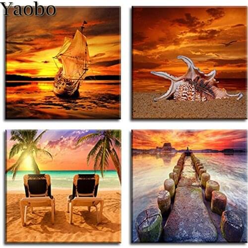 5D Diamond Embroidery Ocean Sunse Seascape diy diamond painting cross stitch 4 pcs set pattern mosaic full square round drill