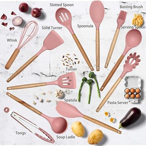 Silicone Cooking Utensils Non-stick Kitchenware With Spoon Holder Wooden Handle Kitchen Accessories Cooking Tools Set Pink