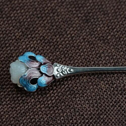 Stone Inlay Cloisonne Thai Silver Hair Stick Vintage Chinese Style Silver Hairpin Lotus Flower Hair Fork Hair Jewelry WIGO1388