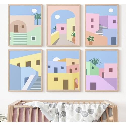 Santorini Pastel Print Poster Retro Architecture Wall Art Canvas Painting Nordic Minimalism Home Decor Pictures For Living Room