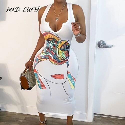 Print Mid-Calf Sleeveless Cartoon Mid Waist Dress Women V Neck Thick Strap Sheath Bodycon Dress