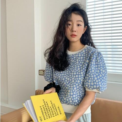 O Neck Pullover Puff Short Sleeve Knit Sweater T-shirts Women Vintage Print Loose Pull Femme Outwear Sueter Crop Tops Ropa Mujer