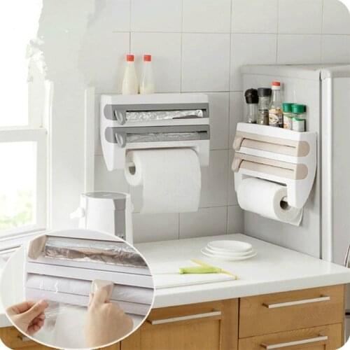 Preservative Film Cutter Kitchen Accessories Storage Rack Aluminum Foil Barbecue Paper Tissue Towel Holder Hanging Rack