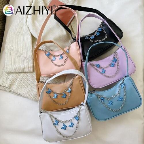 Vintage Women Butterfly Chain PU Leather Shoulder Underarm Bag Casual Solid Color Small Handbag Purse