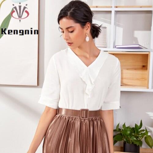 2021 Summer Chiffon Bluose Women Simple Ladies Shirts Ruffles Female V-Neck Tops Oversized Loose Blause Thin Clothes KE1121