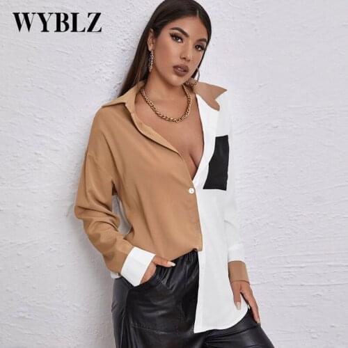 Autumn New Splicing Contrast Color Womens T Shirt Lapel Long Sleeve Loose Casual Top Comfortable and Soft Chiffon Blouse 2021