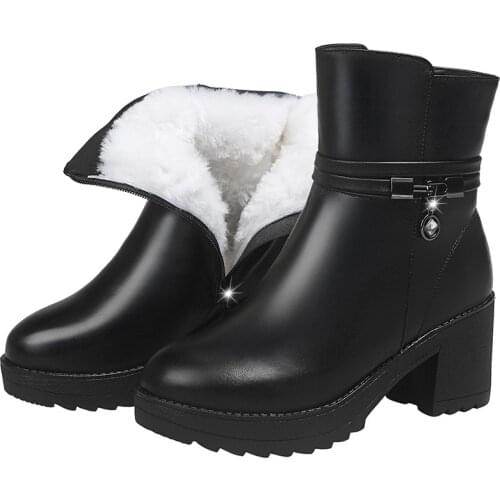 Womens Winter Anlke Boots 2021 Casual Plus Velvet Thick Warm Snow Boots Female Leather High Heels Plush Short Boots Shoes