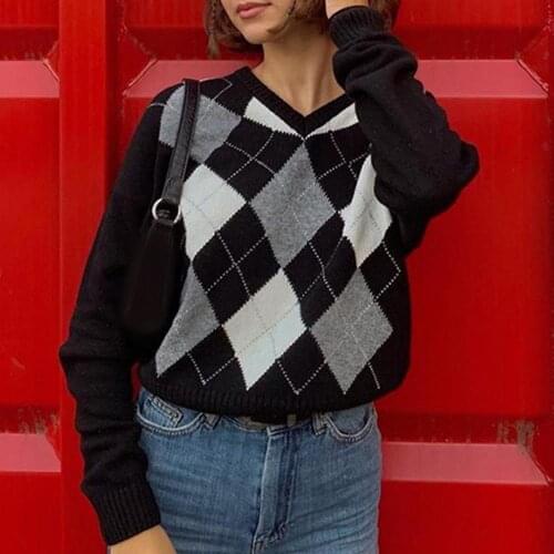 2021 New Fashion Women Plaid Argyle Sweater V Neck Long Sleeve Autumn Winter Knitwear Pullover