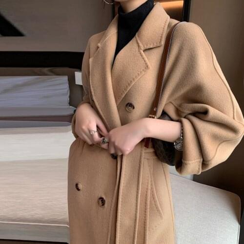 2021 winter clothes new camel color cashmere free double breasted double-sided tweed coat wool woolen coat medium length women