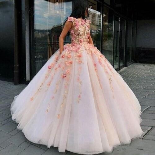 Illusion 3D Flowers Applique Princess Ball Gown Formal Prom Party Dress 2019 Ruffle Evening Gowns vestidos de fiesta de noche