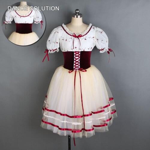 White & Burgundy Top with Puff Sleeve Ballet Dress Long Romantic Tutu for Ballerina Woman & Girl Stage Performance Costume 20011