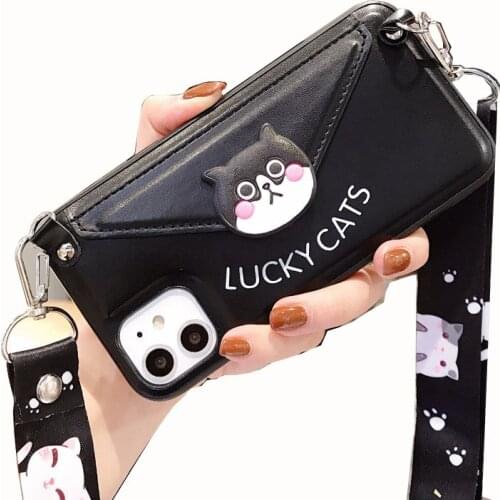 PU Leather Mobile Phone Wallet Case For Apple Iphone 6 7 8 X 10 11 12 PRO MAX Protective Shockproof Cartoon Cover Lanyard Strap