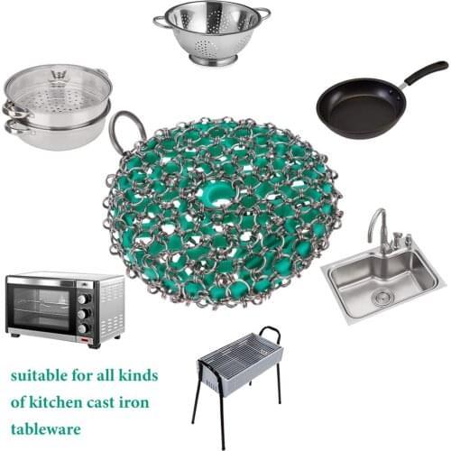 Cast Iron Skillet Cleaner,316 Stainless Steel Chainmail Scrubber,Built-in Silicone Scrubbe For Kitchen Cookware Tools