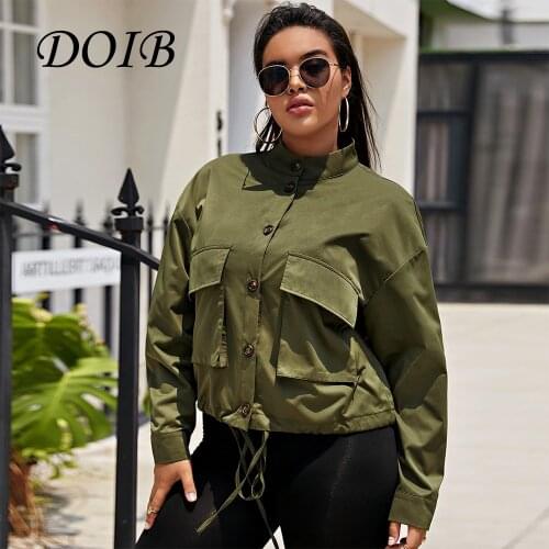 DOIB Women Army Green Sports Jackets Plus Size Stand Collar Single Button Casual Coat 2020 Fashion Autumn Large Size Jacket