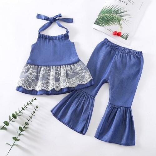 Clothing Sets Summer Girls Retro Denim Outfits Sleeveless Backless Sling Lace Edge Tops+Bell-Bottomed Jeans Two-Piece Suits