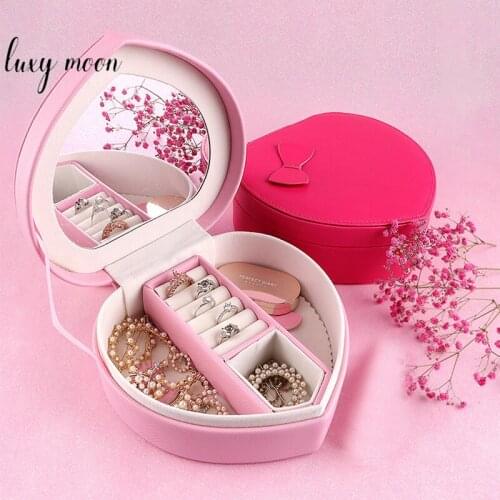 Heart Shaped Jewelry Case Box PU Leather Women Cosmetics Box Travel Portable Storage Bags For Necklaces Ring Earrings ZD2126