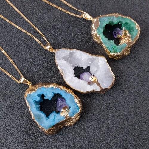FYSL Light Yellow Gold Color Irregular Shape Agates Geode with Amethysts Stone Pendant Necklace Link Chain Jewelry