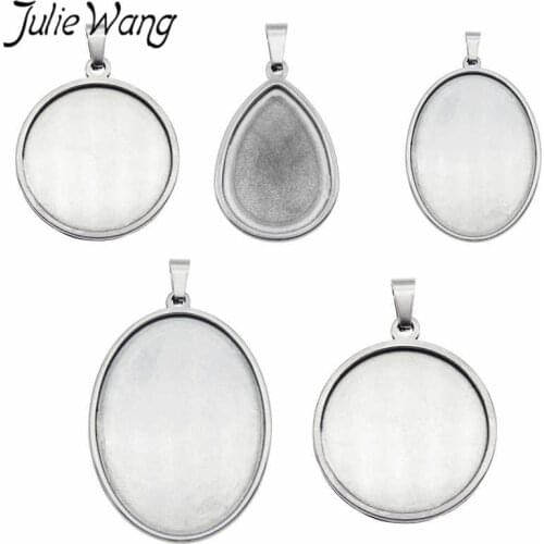 Julie Wang 5PCS Stainless Steel Bezel Cabochon Base Settings Mixed Oval Round Teardrop Blank Tray Jewelry Making Accessory