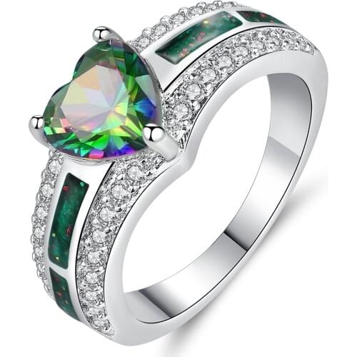 Heart Shaped Ring Female Zircon Ring Lady Green Rainbow Zircon Metal Ring Colorful Decoration Set Party Wedding Ladies Jewelry
