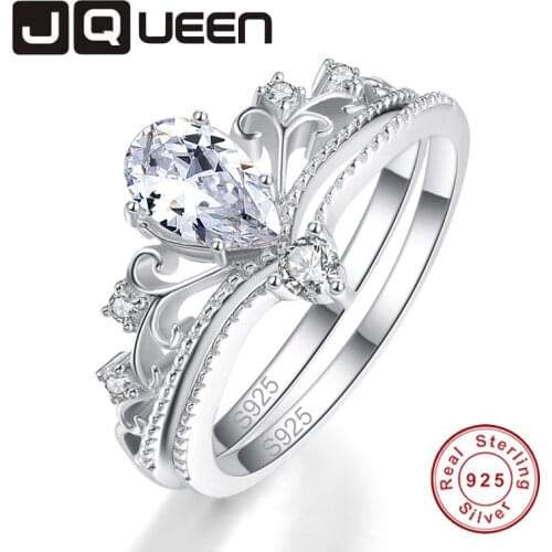 JQUEEN 2PCS Water Drop Clear Crystal Crown Ring Set 100% S925 Sterling Silver Ring Classic Fine Jewelry Women Party Gift