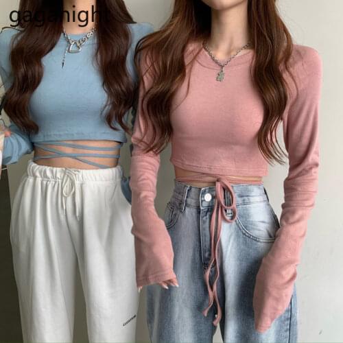 Gaganight Women Crop Sexy Tshirt Long Sleeve Solid Slim T Shirt Streetwear Outwear Tops Fashion T Shirts Bandage Lace Up T-shirt