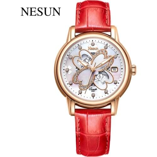 Top Brand NESUN Women Fashion Casual Japan Miyota Quartz Movement Wristwatches Red Leather Band 100M Waterproof Four Leaf Clover