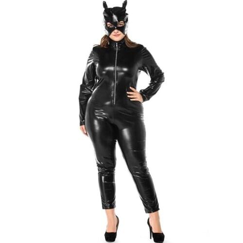 M-XXXL Womens Sexy PU Leather Front Zipper Crotchless Cosplay Bodysuit Outfit Lingerie Clubwear