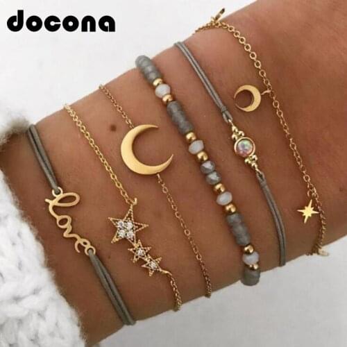 Docona Bohemian Gold Color Star Moon Crsytal Layered Bracelet Set for Women Girl Metal Rope Adjustable Bracelet Pulseiras 6523