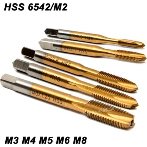 5Pcs Set Spiral Point Straight Fluted Tap Drills Titanium Hole Saw and Adaptor HSS 6542/M2 for Machine Screw Thread Metric M3-M8