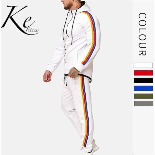 KE New mens sports suit cotton fashion fitness suit color mens leisure big size extra suit sports set men tracksuit men