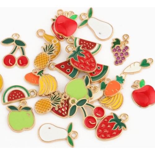 10pcs/lot Alloy Metal Gold Color Pendant 14 Style Fruits Drop Oil Charms For Jewelry Making DIY Bracelet Necklace Earrings Craft
