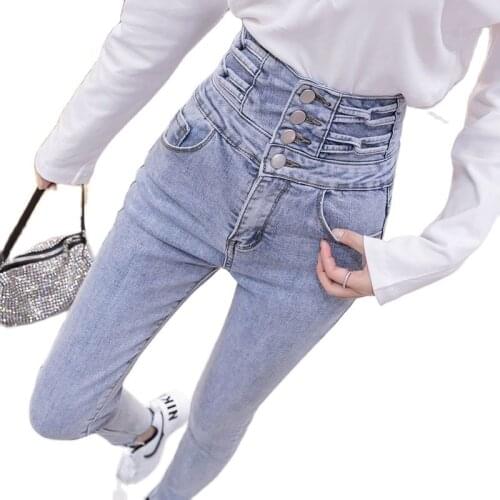 Womens Light Blue Jeans 2021 Female Spring Autumn High Waist Denim Pants Lady Student Skinny Stretch Pencil Cowboy Trousers C