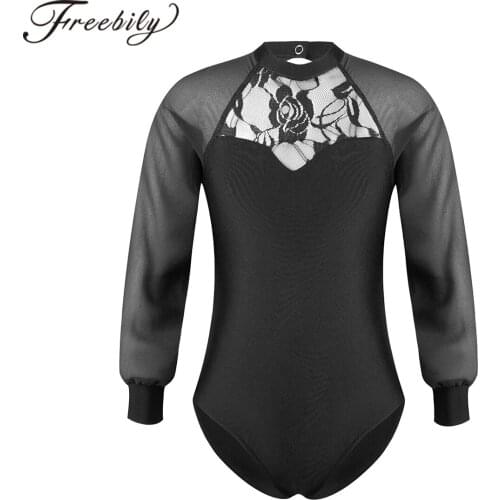 Kids Teen Mesh Long Sleeve Lace Emboridered Flower Open Back Dance Gymnastics Ballet Leotards For Girls Ballerina Party Costumes