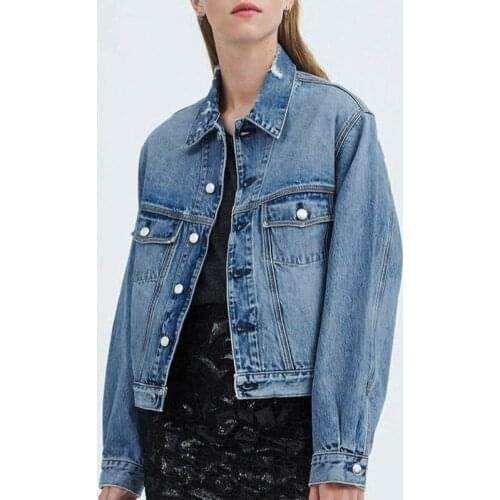 High-end and Beautiful Retro Washed High-count Pure Cotton Hand-made Edging Embroidery Denim Jacket Women