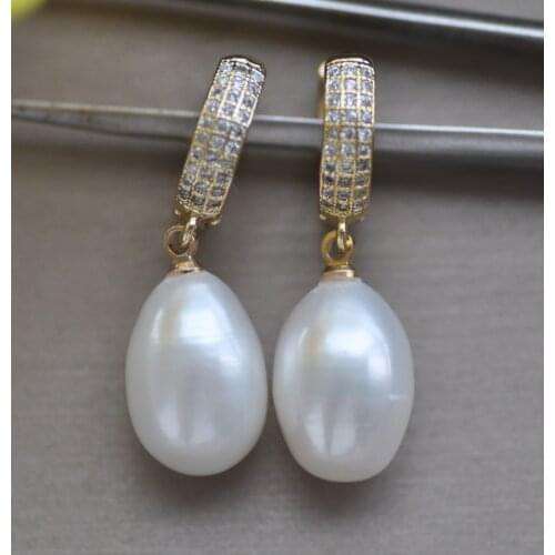 Z10798 15mm White Tear-Drop Pearl Dangle Earring CZ