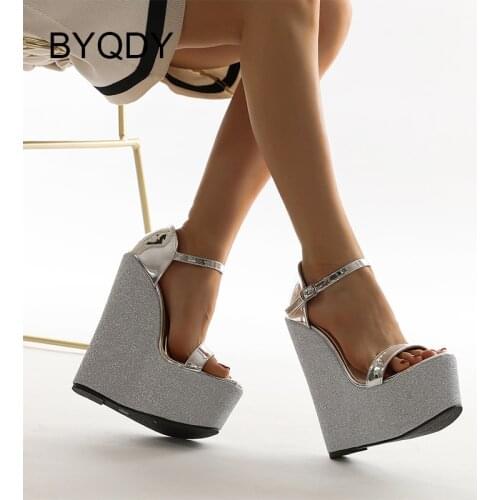 BYQDY 2021 Sexy Silver Wedding Party Women Sandals Open Toe Ankle Strap Buckles Female Sandals Cover Heel Summer Ladies Shoes