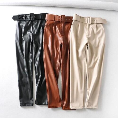 Women Black Faux Leather Suit Pants High Waist Pants Sashes Pockets Office Ladies Pu Leather Trousers