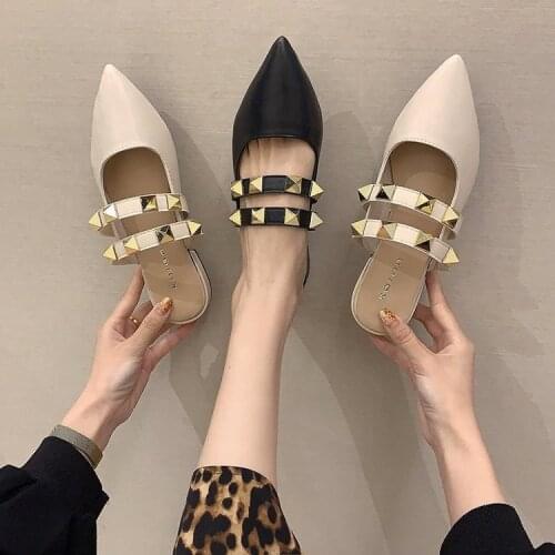 2021 Women Summer Casual Rivets Slippers Elegant Shoes Pointed Low Heels Toe Sandals PU Leather Mules Slippers Trendy Plus Size