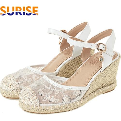 Woman Bling Wedge Sandals Fisherman White Beige Flower Mesh High Thick Heel Office Party Summer Ankle Strap Platform Espadrilles