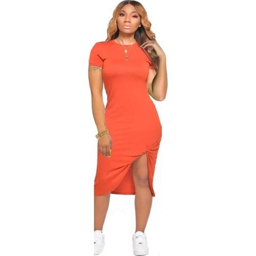 Plus Size Casual Summer Dress Women Clothing O-neck Short Sleeve Draped Sheath Bodycon Midi Dress Streetwear Solid T-shirt Dress