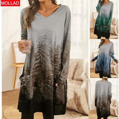 European and American Clothing V-neck Casual Medium Loose Dress Womens Clothing 3D Digital Printing