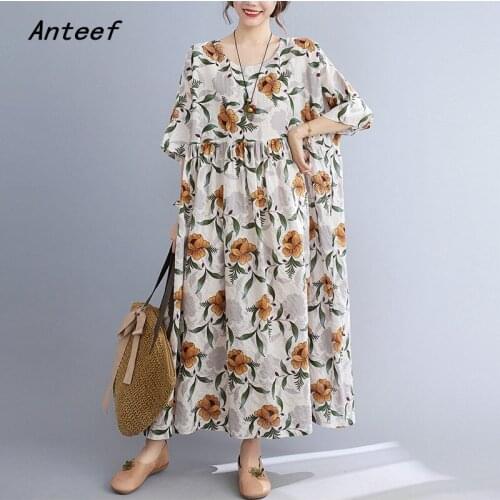 Short sleeve plus size cotton vintage floral dresses for women casual loose long woman summer dress elegant clothes 2021